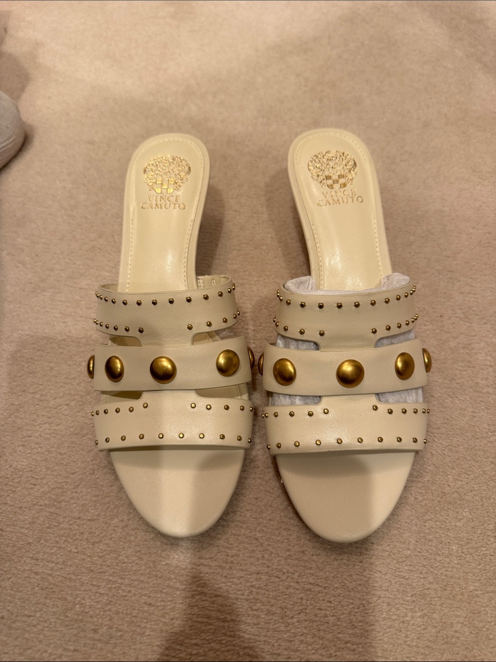 Vince Camuto Cream Leather Studded Slide Mules
